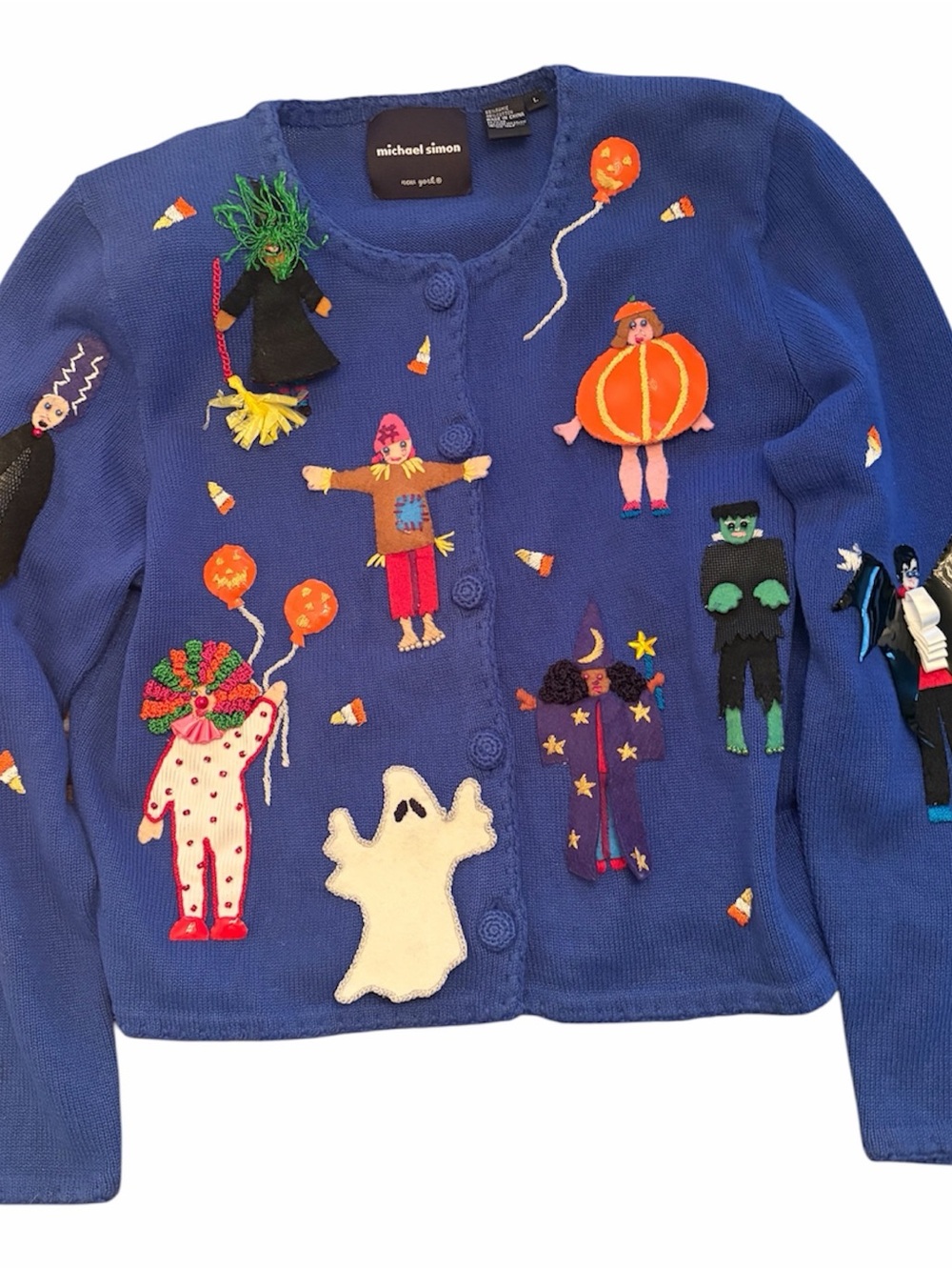 Vintage Michael Simon Bright Royal Blue Halloween Appliqué Cardigan